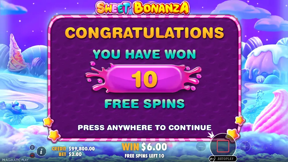 Sweet Bonanza — экран большого выигрыша бесплатных free spins